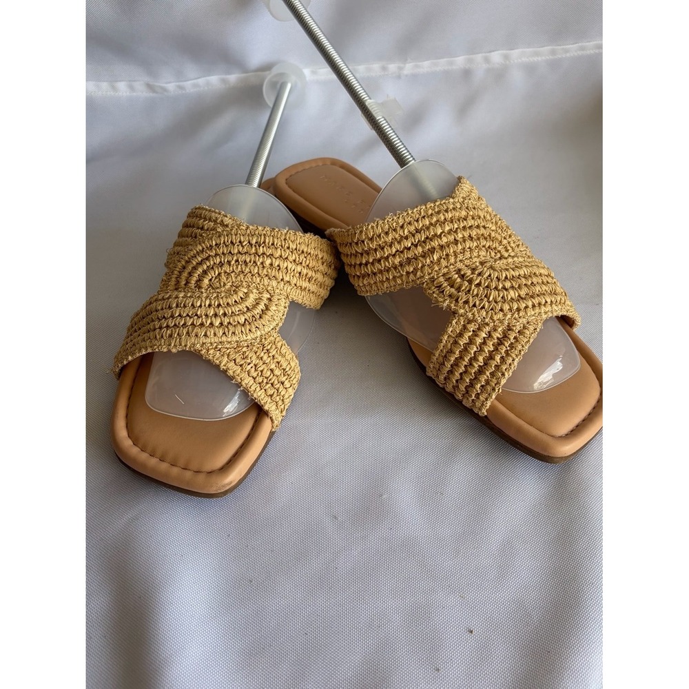 Marc Fisher Woven Raffia Slide Sandals Women 7.5 Mustard Yellow Square Toe Flat
